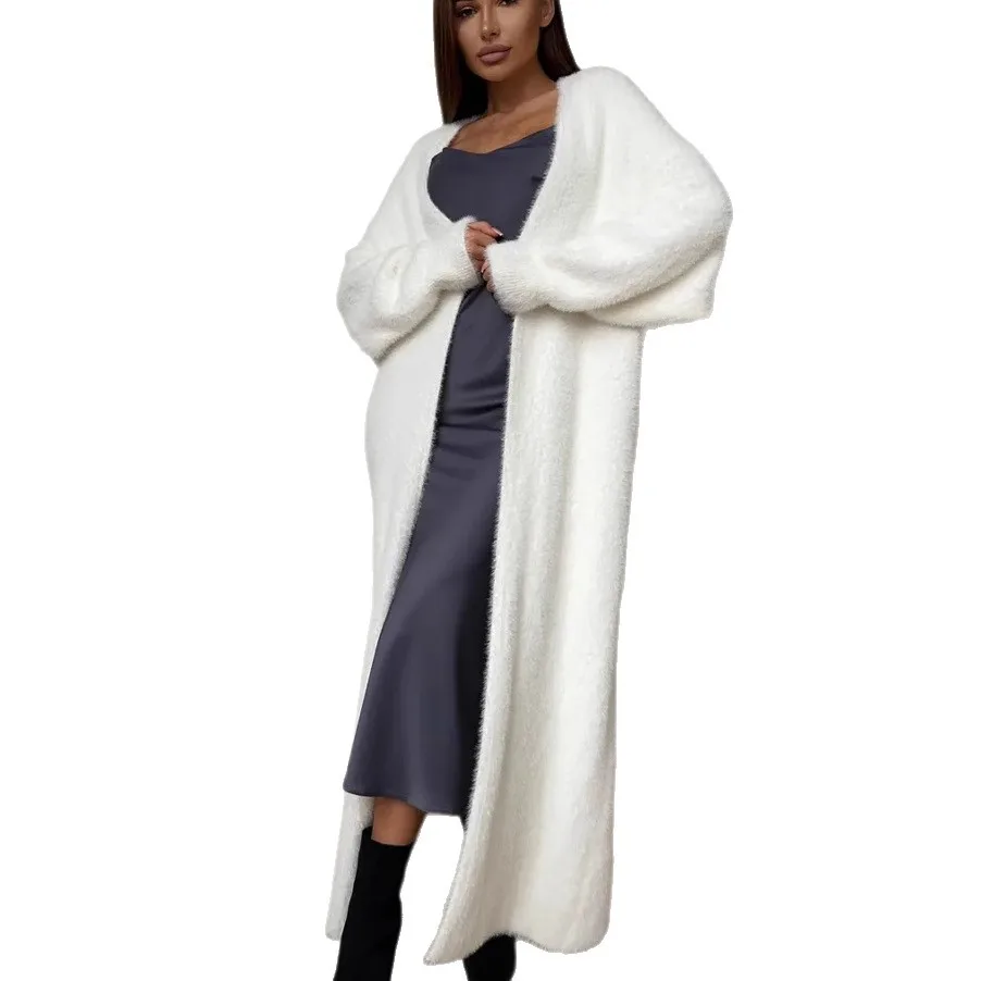 

Imitation Mink White Long Cardigan Sweater Women's Autumn and Winter New Knitted Sweater Jacket