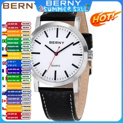 BERNY Men Trackway Watch Quartz Clock Male Leather Strap Fashion Trackroad Wristwatch Waterproof mens watches top brand luxury