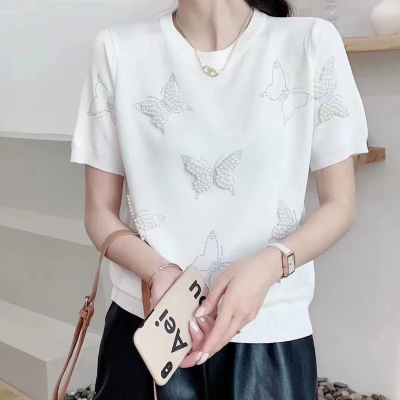 

Butterfly Pearl Rhinestone Ice Silk Short-Sleeve Knit Top for Women T-Shirts Summer Lightweight Trendy Versatile O Neck T-Shirt