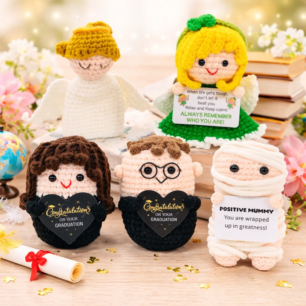 Character Series Positive Energy Crochet Student, Angel, Mommy Handmade Knitted Doll with Encouragement Card Desk Decor Gift