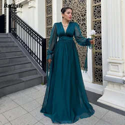 Bafftafe Teal Blue Chiffon Prom Dresses Long Sleeves V-Neck Evening Gowns Women Formal Party Event Birthday Dress Customized