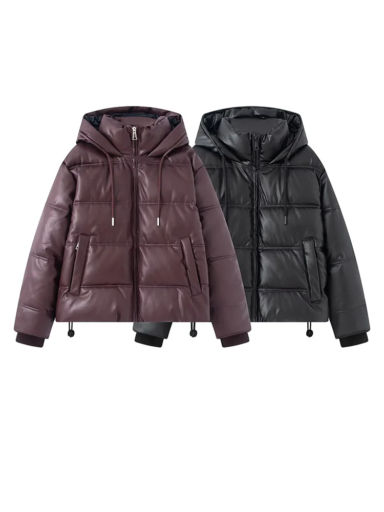 HH Vrouw Lange Mouwen Trekkoord Zak Decoratie Rits Effen Kapmantel Vrouwelijke Winter Down Kunstleer Katoenen Kleding