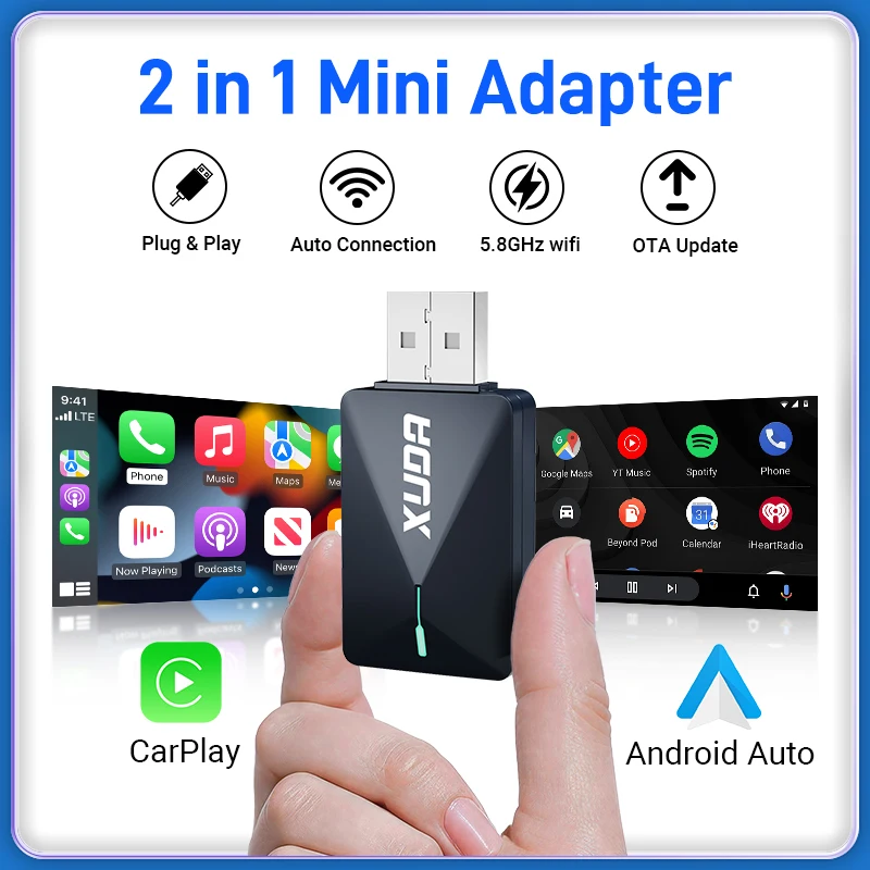 XUDA NEW Mini Wired to Wireless CarPlay and Android Auto 2in1 Adapter 5GHz WiFi5 Plug and Play Fashionable and Portable