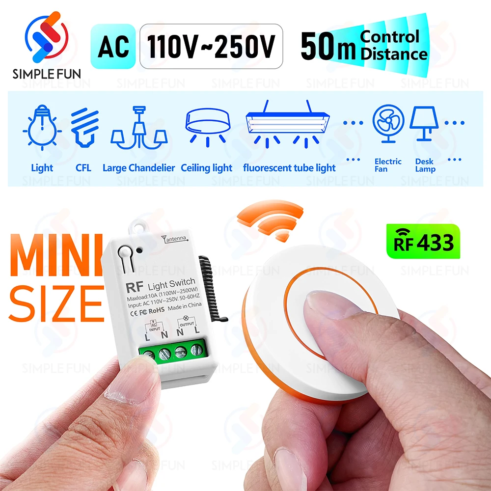 

433Mhz Wireless Smart Light Switch AC 110V 220V 230V 10A Mini RF Relay Receiver Mini Transmitter for Remote Control Lamp LED Fan