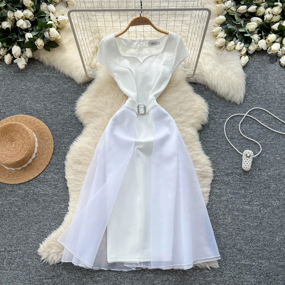 

Vintage sexy sleeveless mesh Spliced dress Chic Summer Beach fairycore Vestidos Vacation women clothing