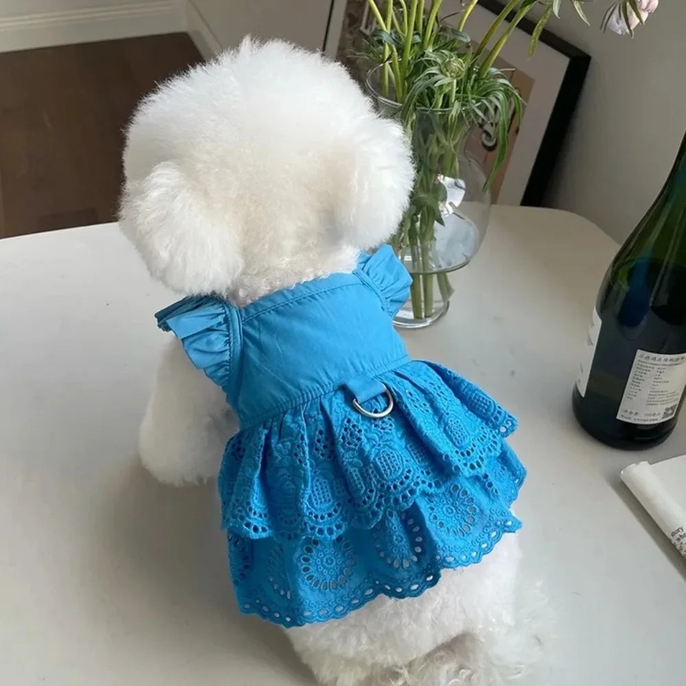 Pet Clothing Spring and Summer New Fly Sleeved Lace Dress Teddy Bear Dog Cat Thin Traction Clothing Dog Clothes for Small Dogs