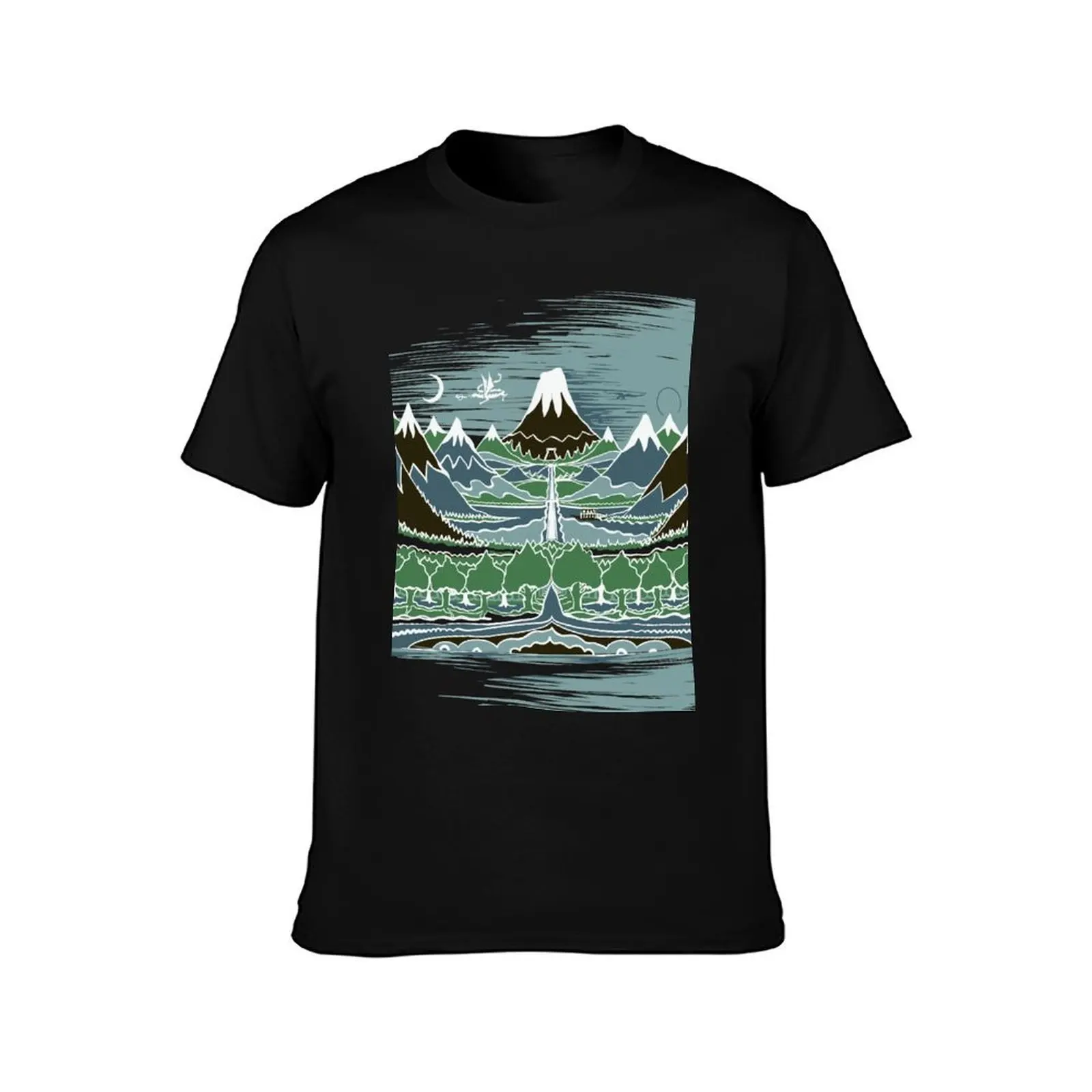 A Halflings journey on a mountain path through an elven wood in the style of J.R.R.Tolkien T-Shirt