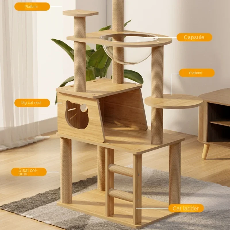 Super Solid Wood Cat Climbing FrameIntegrated Feline Nest And Tree With Space Module Scratching Board Comprehensive Play Tower