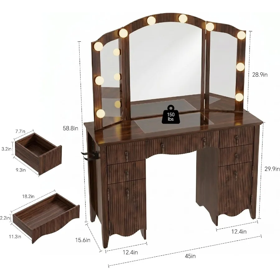 Desk with Mirror and Lights, Tri-Fold Fluted Makeup, Walnut