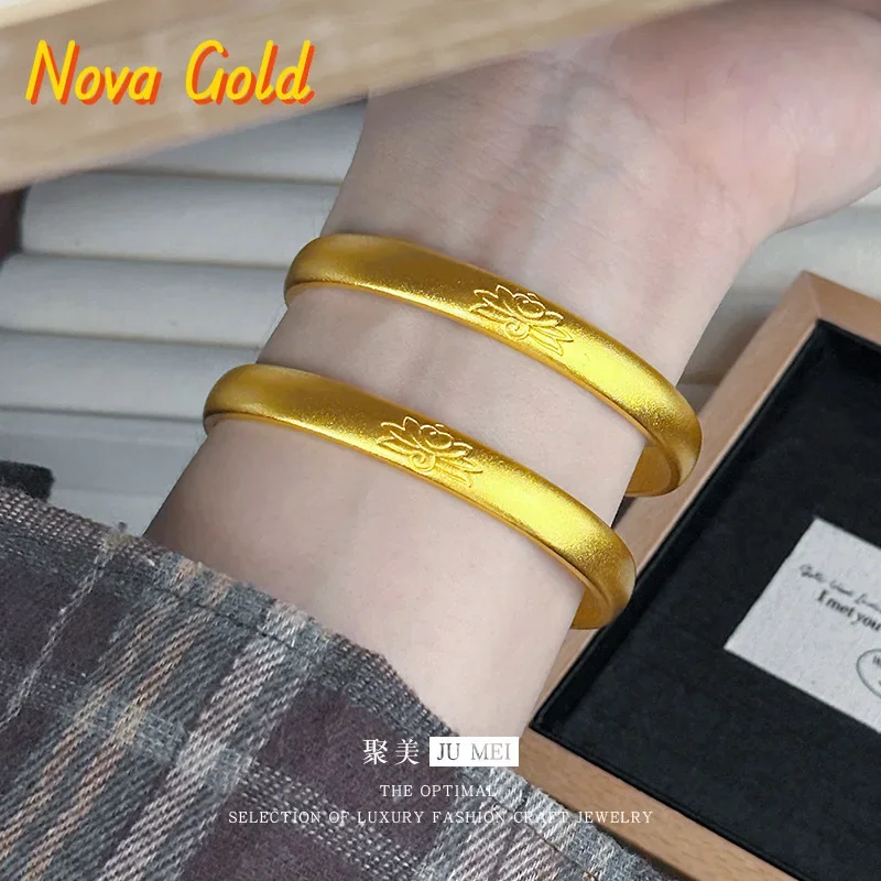 

NovaGlod Ancient method 9999 frosted lotus opening bracelet 24K real gold Chinese style adjustable good luck lotus heart sutra