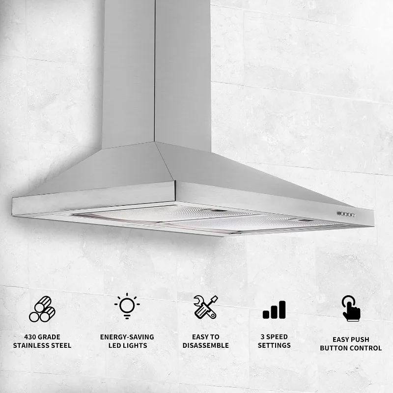 Campana extractora de montaje en pared, conducto Convertible sin conductos, estilo chimenea de acero inoxidable, campana de ventilación sobre estufa, luz LED, 30 pulgadas