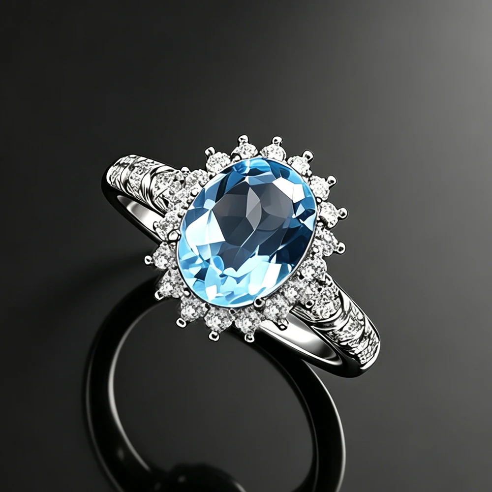 

Trendy Natural Blue Topaz Adjustable Rings Gemstone Oval 7*9mm for Women Lady Party Wedding Fine Jewelry Gift