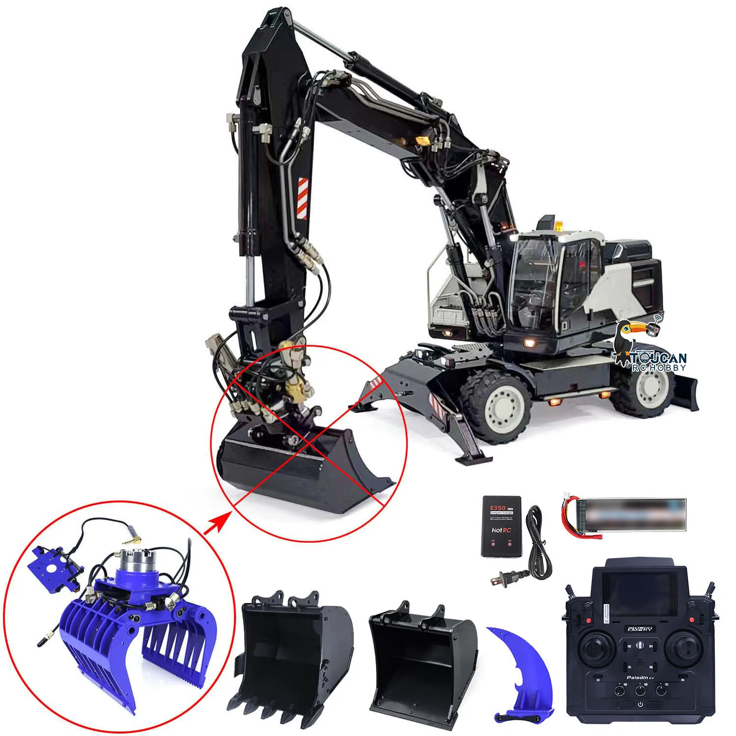 MTM EC380 1/14 RC Escavadeira Hidráulica RTR Rodada Escavadeiras de Controle Remoto de 3 Braços Modelo Agarre Hidráulico Balde Inclinável Brinquedo THZH1728