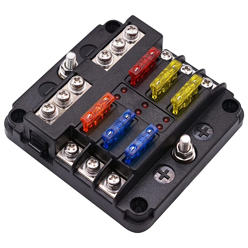 Fuse Box With Negative Bus, 6 Way Blade Fuse Holder Block With LED Indicator For 12V Boat Car Automotive Truck Marine