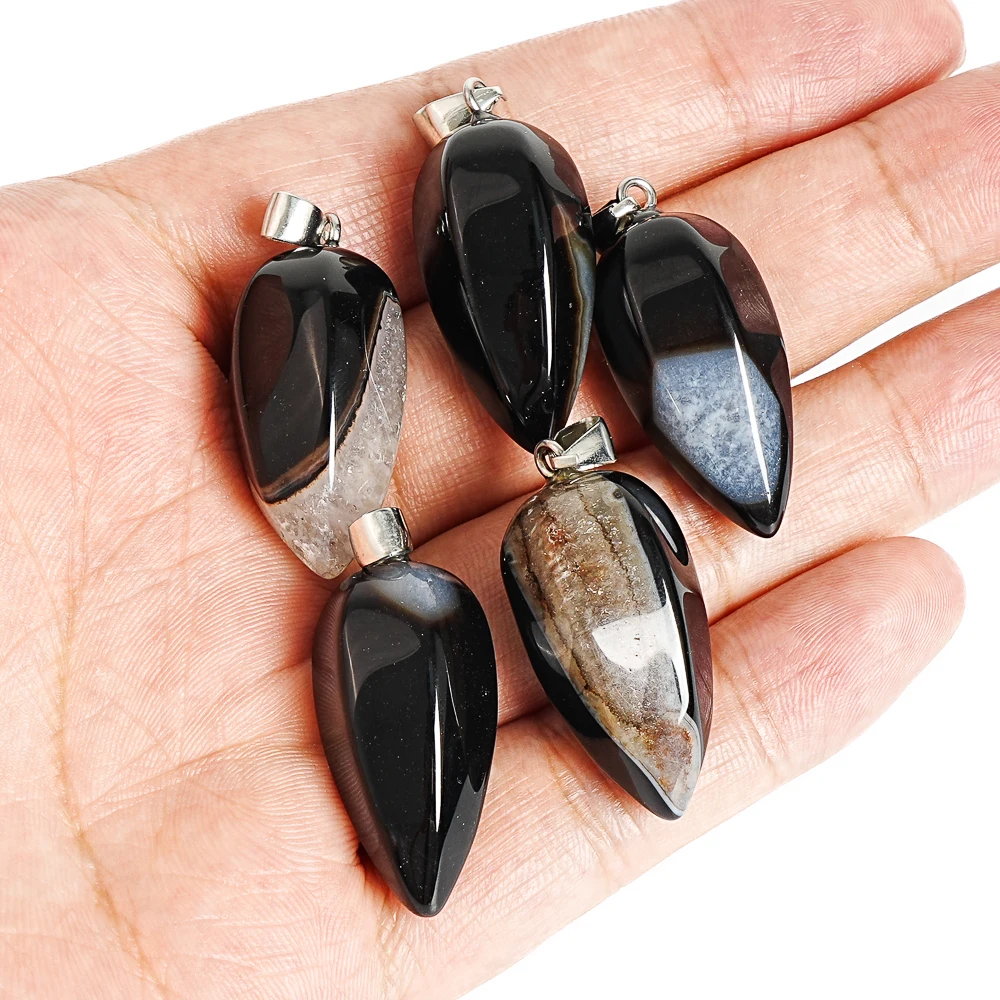 NATURAL BLACK AGATE CONE PENDANT 31X14MM GLOSSY GEMSTONE CHARM WITH METAL LOOP FOR HANDMADE NECKLACE DIY JEWELRY ACCESSORY CRAFT 6