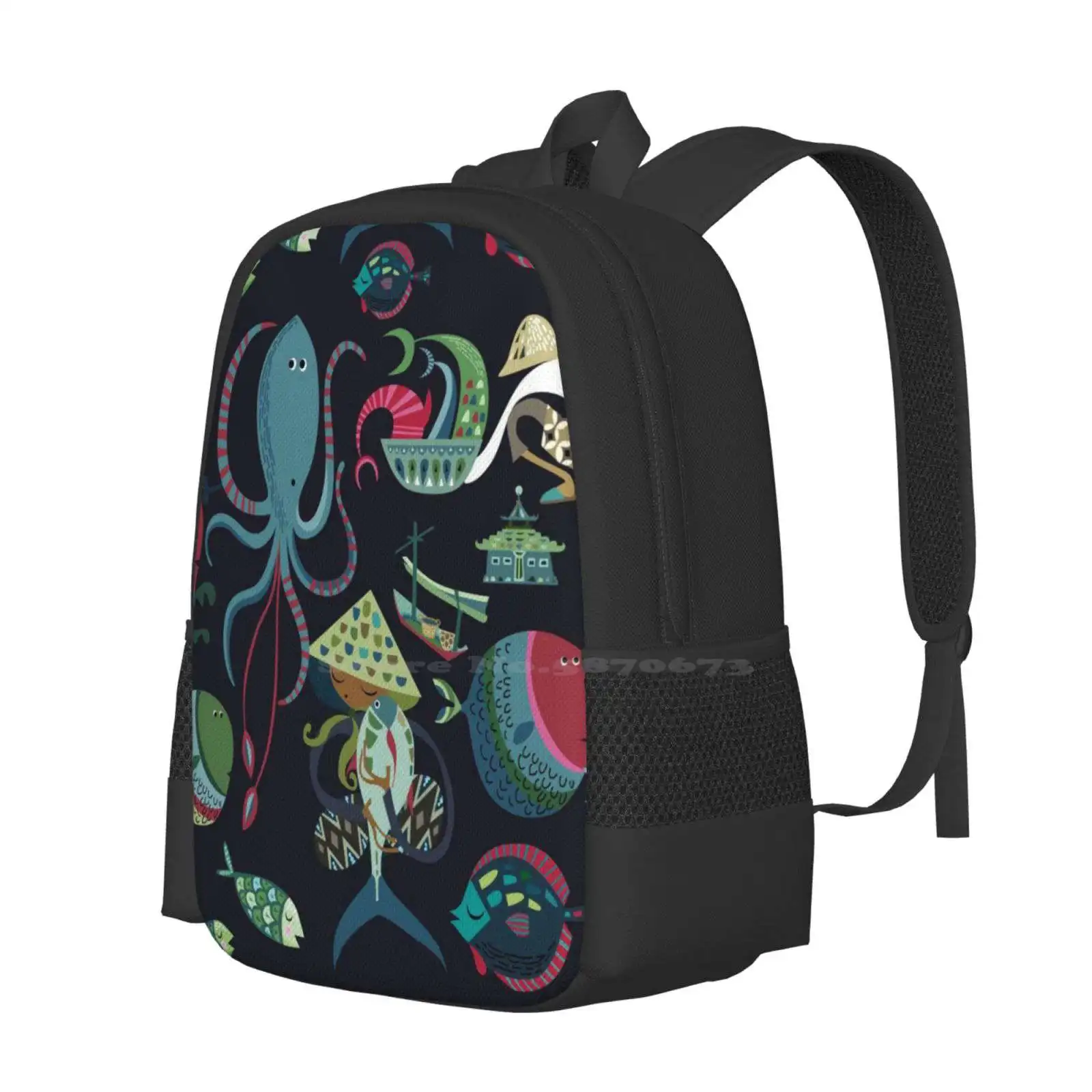 Fish Market School Bag Big Capacity Backpack Laptop Fish Market Retro Vintage Ocean Octopus Seacreatures Fishy Kids Childrens