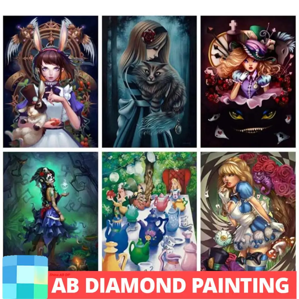 AB Cartoon Skull Girl Diamond Painting Alice In Wonderland Cat Cross Stitch 5D DIY Full Square Round Embroidery Mosaic Art