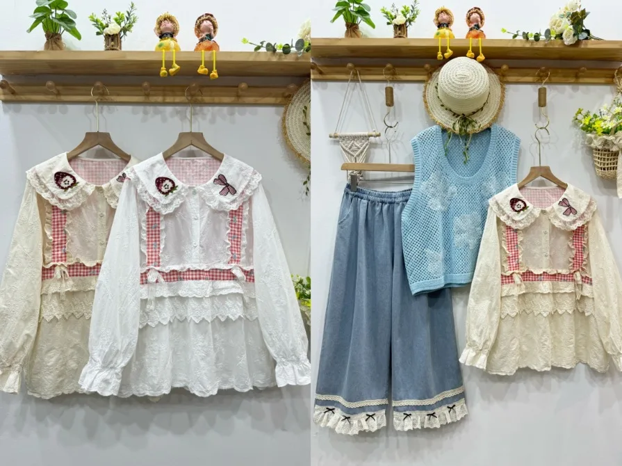 Sweet Mori Girl Embroidery Vintage Plaid Patchwork Cotton Shirts Women Japanese Spring Cute Peter Pan Collar Long Sleeve Blouse