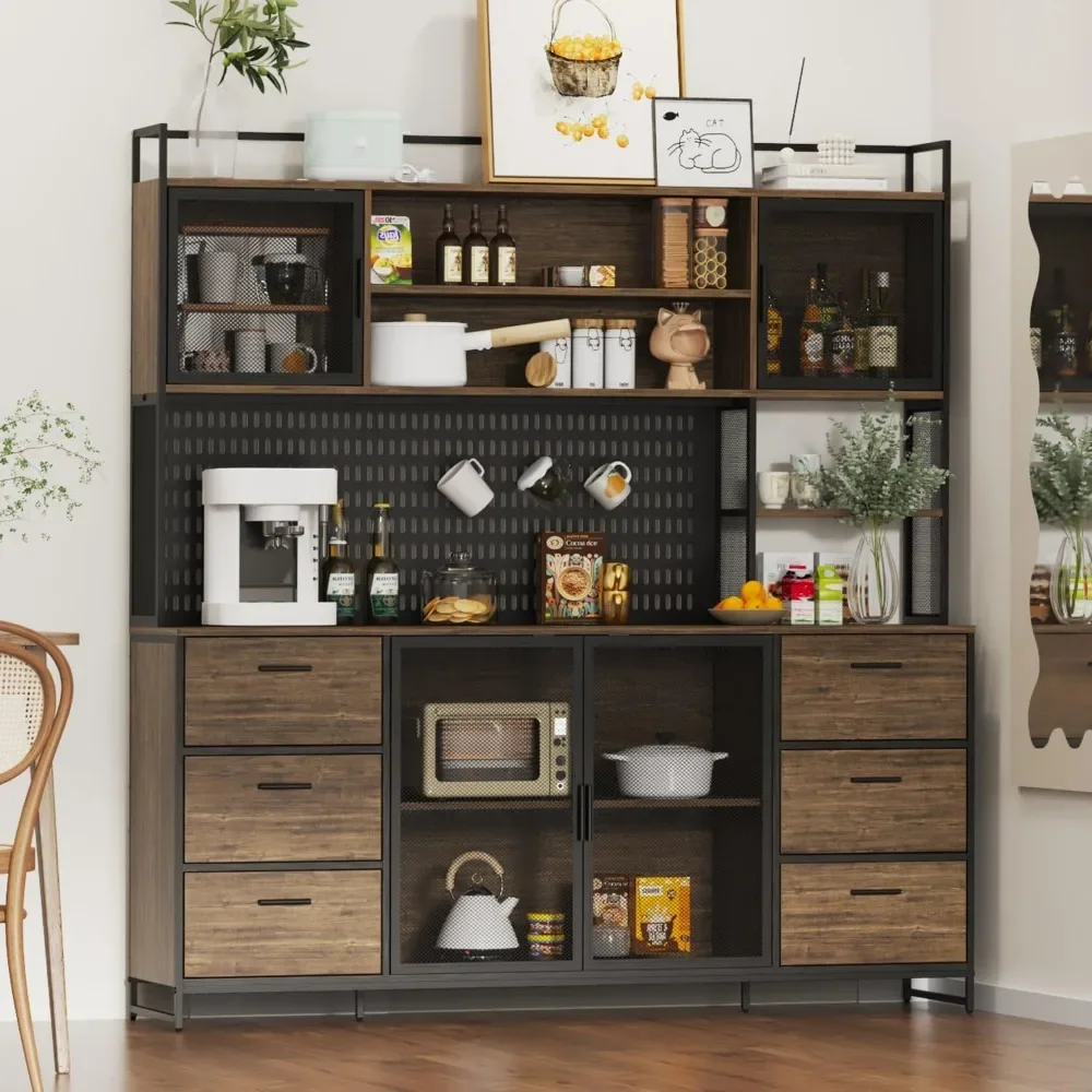 

70.9" L Kitchen Cabinet, 4 Metal Mesh Doors, 6 Drawers & Shelves, Kitchens Pantry Cupboard for Living Room, Kitchen Cabinet