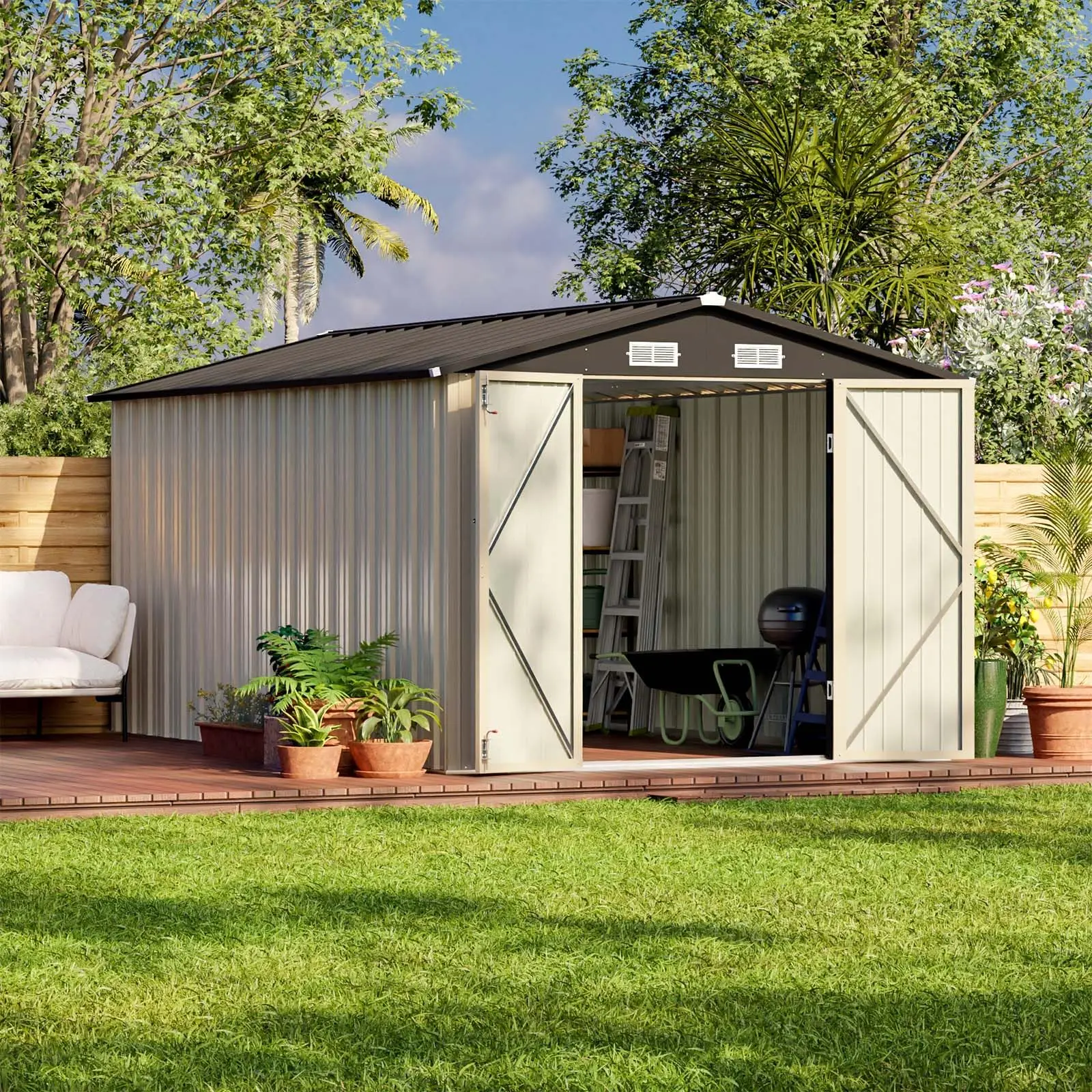 8x12 FT Outdoor Storage Shed, Brown | Steel Shed Storage House, Lockable Doors Design, Utility and Tool Storage