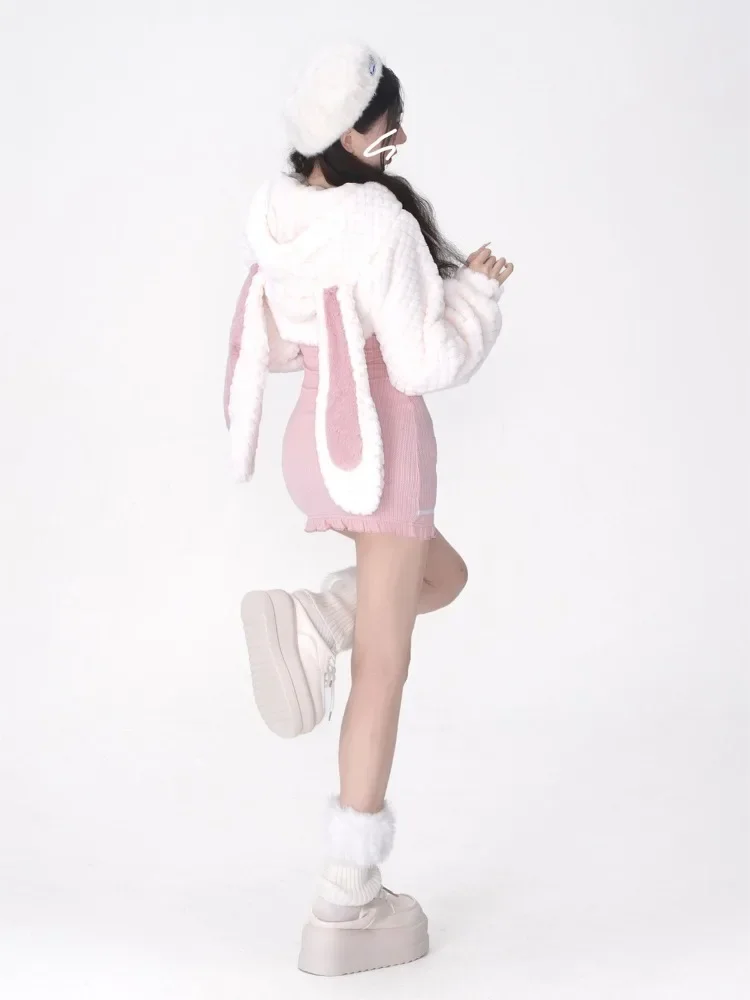 Japanese Lolita Kawaii Dress Suit Women Korea Sweet Cute 2 Piece Set Female Wool Rabbit Hooded Coat + Pink Party Mini Dress 2024