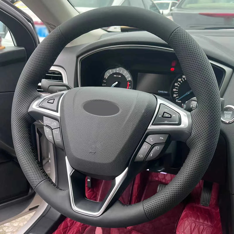 Alcantara Real Leather Steering Wheel Cover Black Thread Car Accessoires for Ford EDGE FUSION GALAXY MONDEO S-MAX 2013-2024