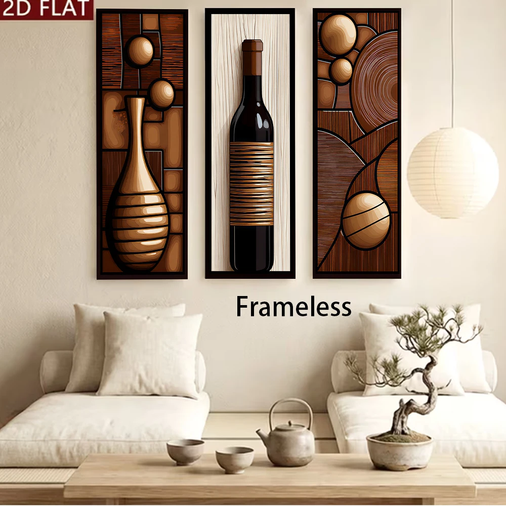 1 Satz moderne dreifache Wandaufkleber für Wohnzimmer, Esszimmer, Hintergrundwanddekoration, Rotweinflaschen, Vasen, Geometrie