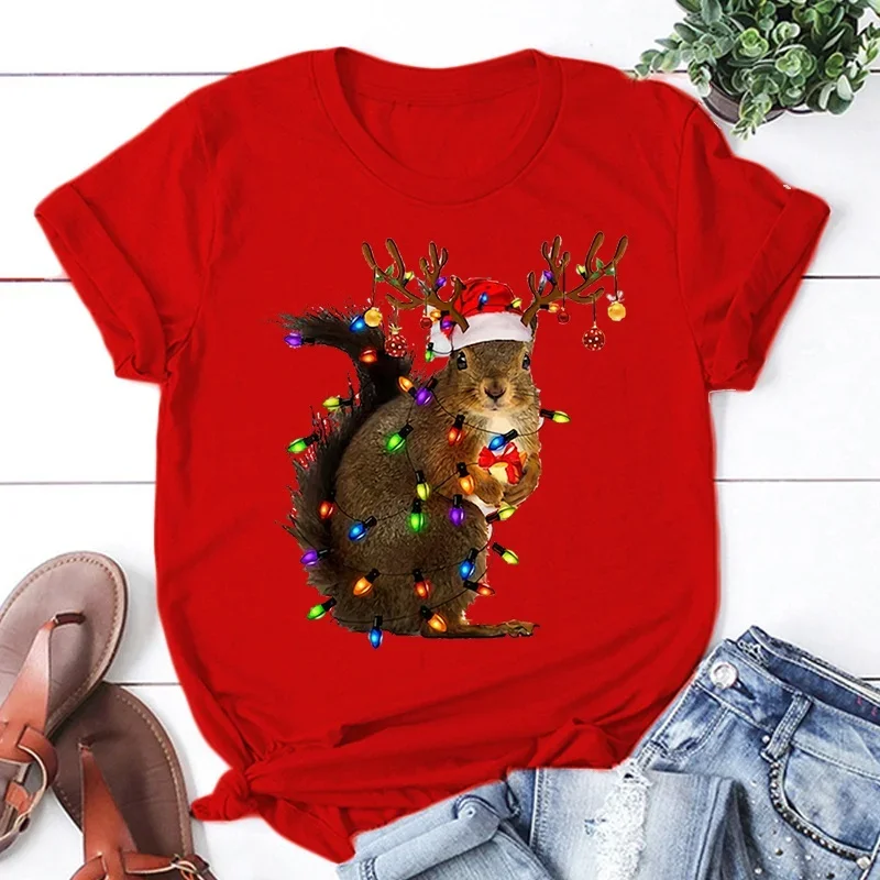 

New Christmas Squirrel Letter Printed T Shirts Women Men Casual Short Sleeve Summer Tops
