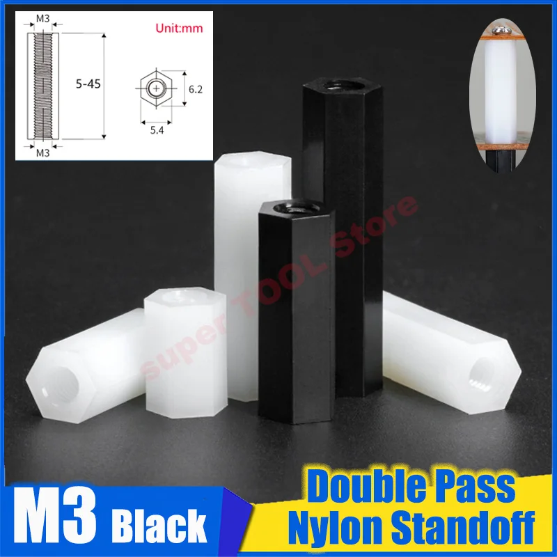 1000 Pcs Black M3 Hexagonal Double Pass Nylon Standoff Female Thread Plastic Insulation Spacer Support Column Length 5mm-45mm