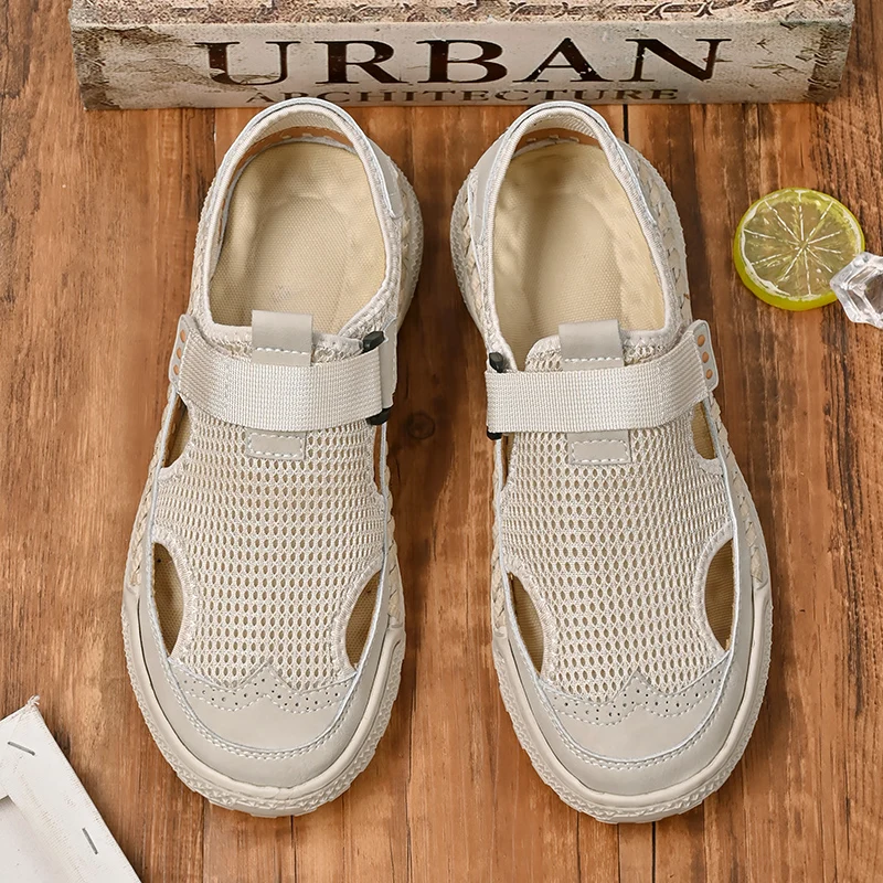 

Мужские летние новые сандалии ручной работы из сетки, дышащие, увеличивающие рост, нескользящие, удобные, с перфорацией, для повседневной носки и поездок на работу