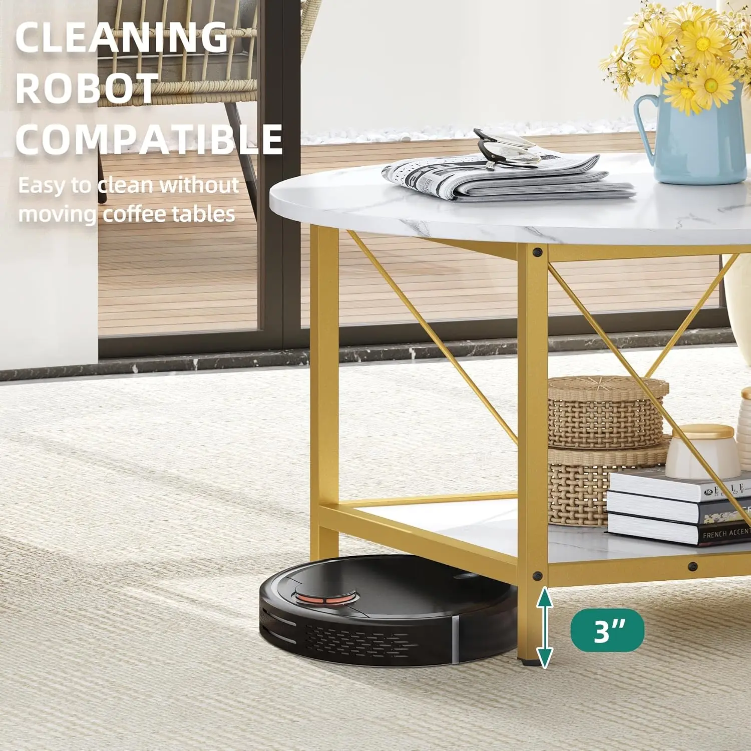 Round Coffee Table,Rustic Wood Coffee Tables for Living Room with Storage Shelf, Modern Farmhouse Circle Coffee Table Center