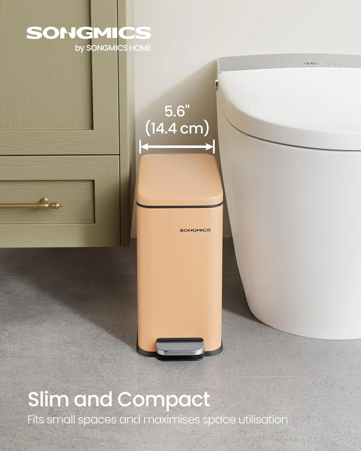 SONGMICS Bathroom Bin, 5L Small Bin with Lid, Pedal Toilet Bin, Slim for Small Spaces, Steel, Soft Close