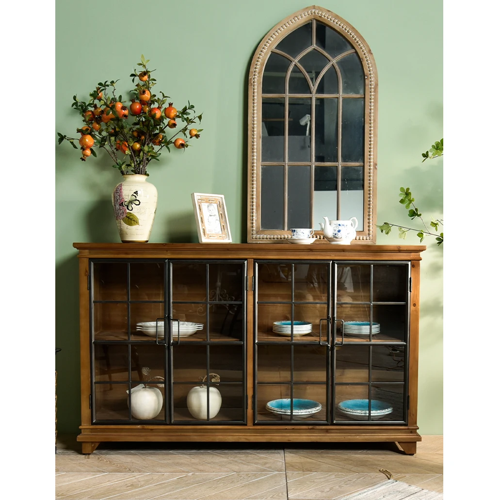

Vintage Industrial Style Solid Wood Accent Dining Sideboards Storage Cabinet Furniture With Glass Metal Door