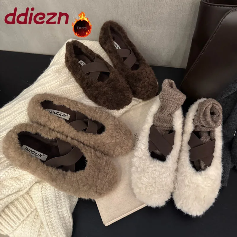 

Новая женская плюшевая обувь, теплая женская обувь без шнуровки Мэри Джейн, уличная мода, женские балетки на резинке с меховой обувью