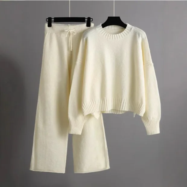Conjunto de Calças de Perna Larga em Malha, Dois Peças, Moda de Inverno, Suéteres Quentes e Casuais para Mulheres