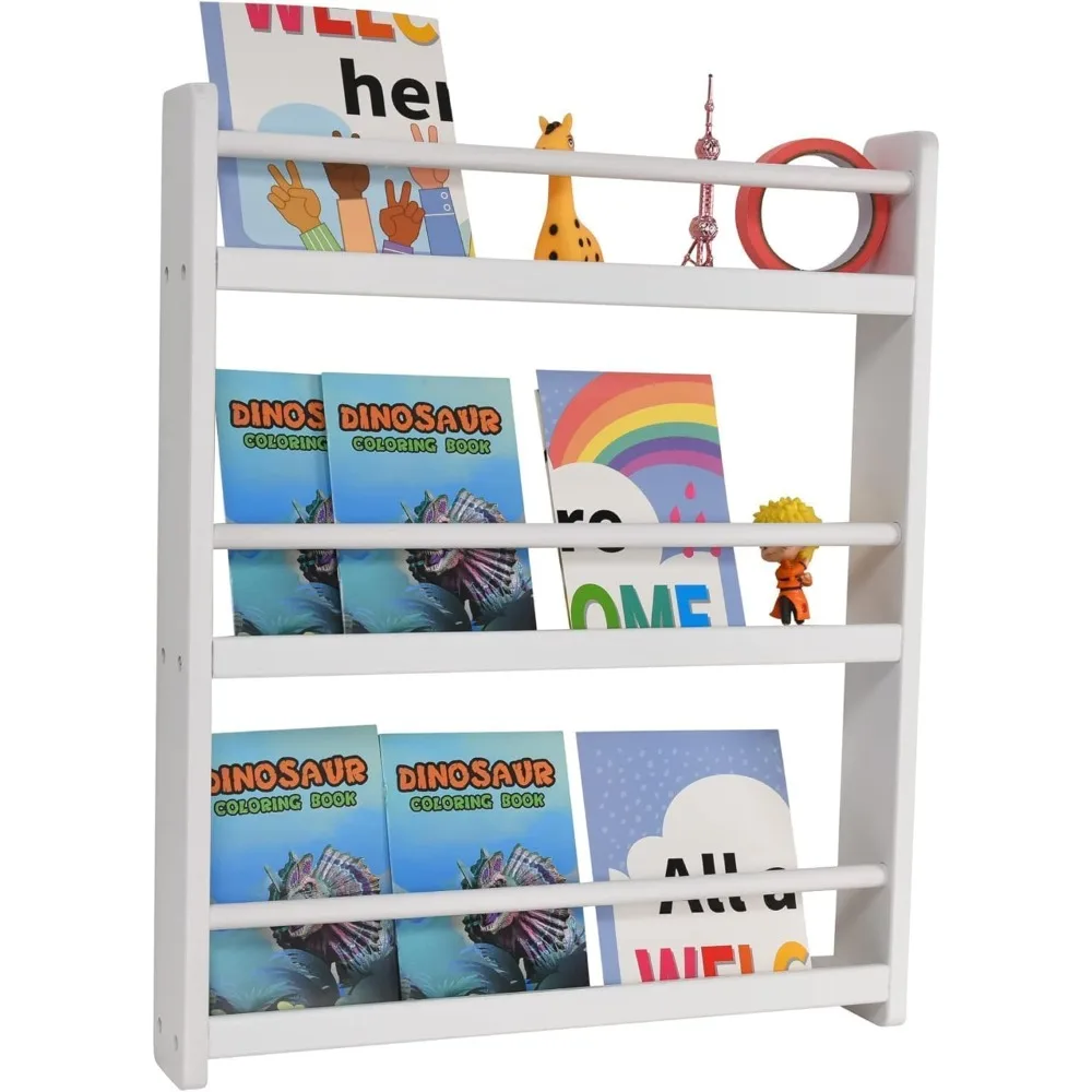 3-Tier Wood Bookshelf Organizer for Kids - White, Wall Mount，11.81