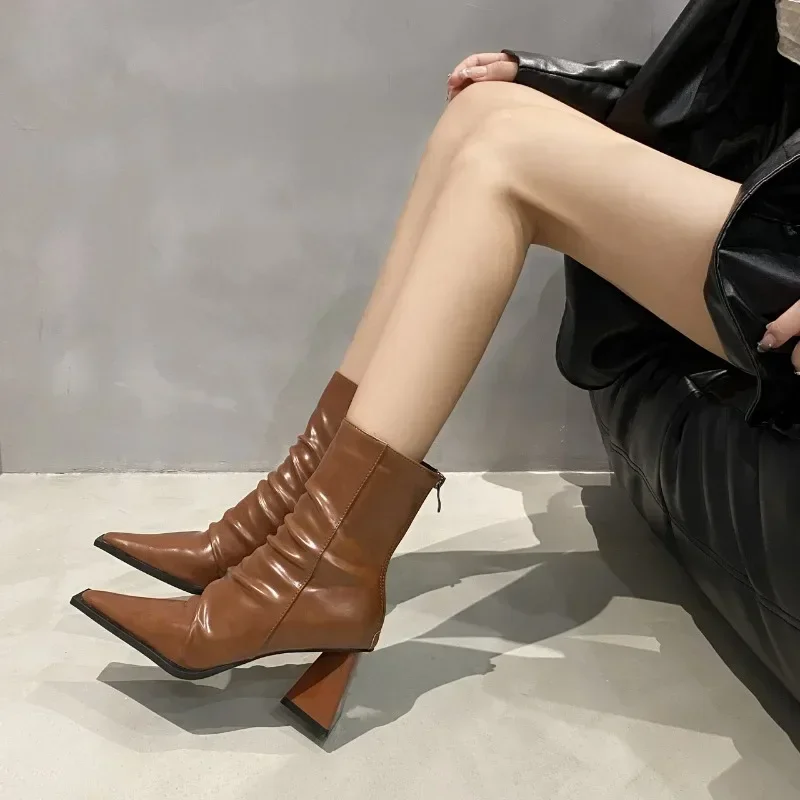 2024 Autumn and Winter New Pointed Toe Slim Back Zipper Bootie Women\'s Block Heel Versatile Folded High Heel Fashion Pile Boots