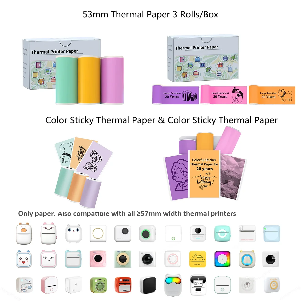 Color Sticker Thermal Printer Paper for Phomemo M02 T02 Paper,Waterproof,Oil-proof Friction-resistant,forKids Instant Camera