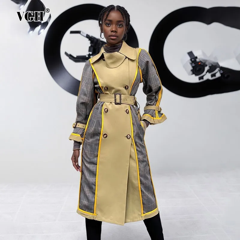 

VGH Hit Color Patchwork Belt Casual Trenchs For Women Lapel Long Sleeve Spliced Double Breasted Tunic Coats Female Fashion New