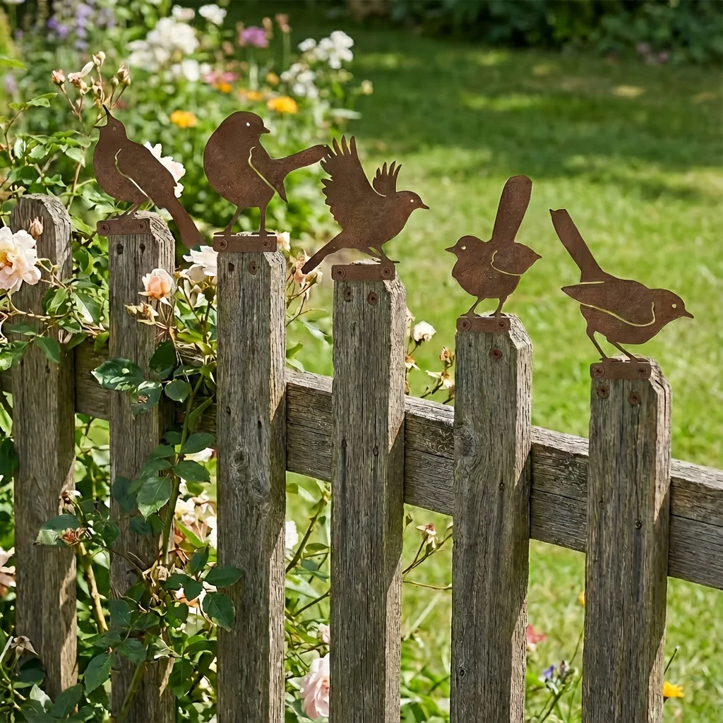 Vintage garden birds for all seasons. Gold & sparrow designs, acrylic, outdoor fence decor. Ideal  gift. Nature style.