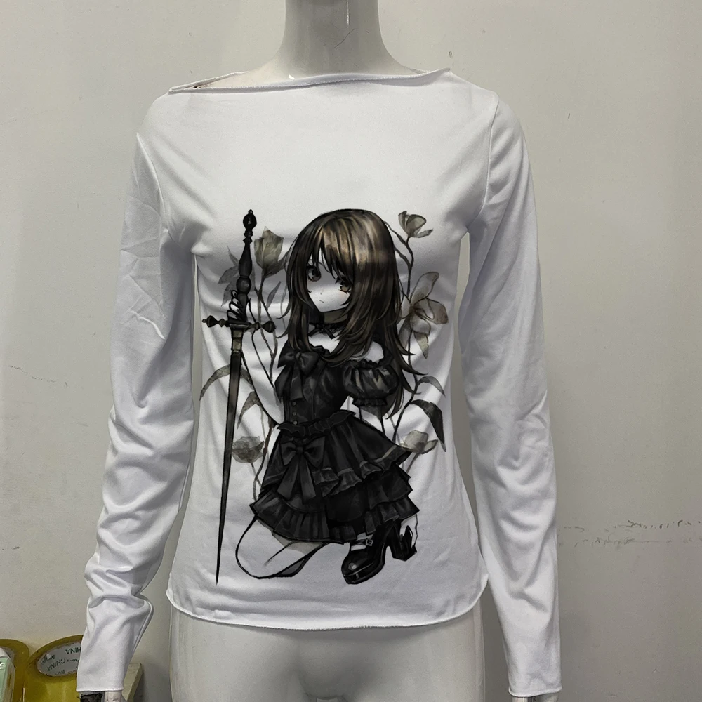 ملابس علوية مطبوعة فاسق Y2k تي شيرت بناتي بأكمام طويلة ملابس خروج نسائية قوطية بأكمام طويلة تي شيرت Harajuku Fairy 2000s #2