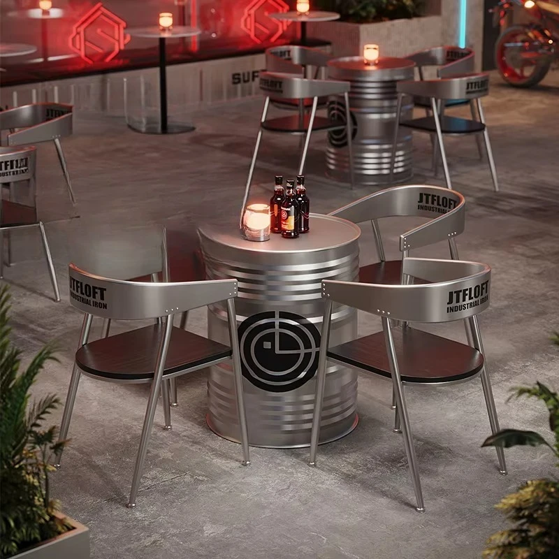 Commercial cafe furniture set, customizable logo, silver dining table and chairs