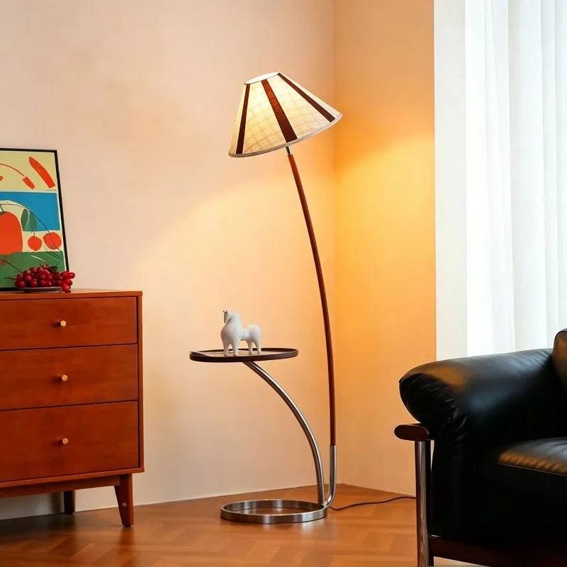 Solid wood living room sofa edge floor lamp, retro high-end bedroom bedside atmosphere decorative lamp goose feather
