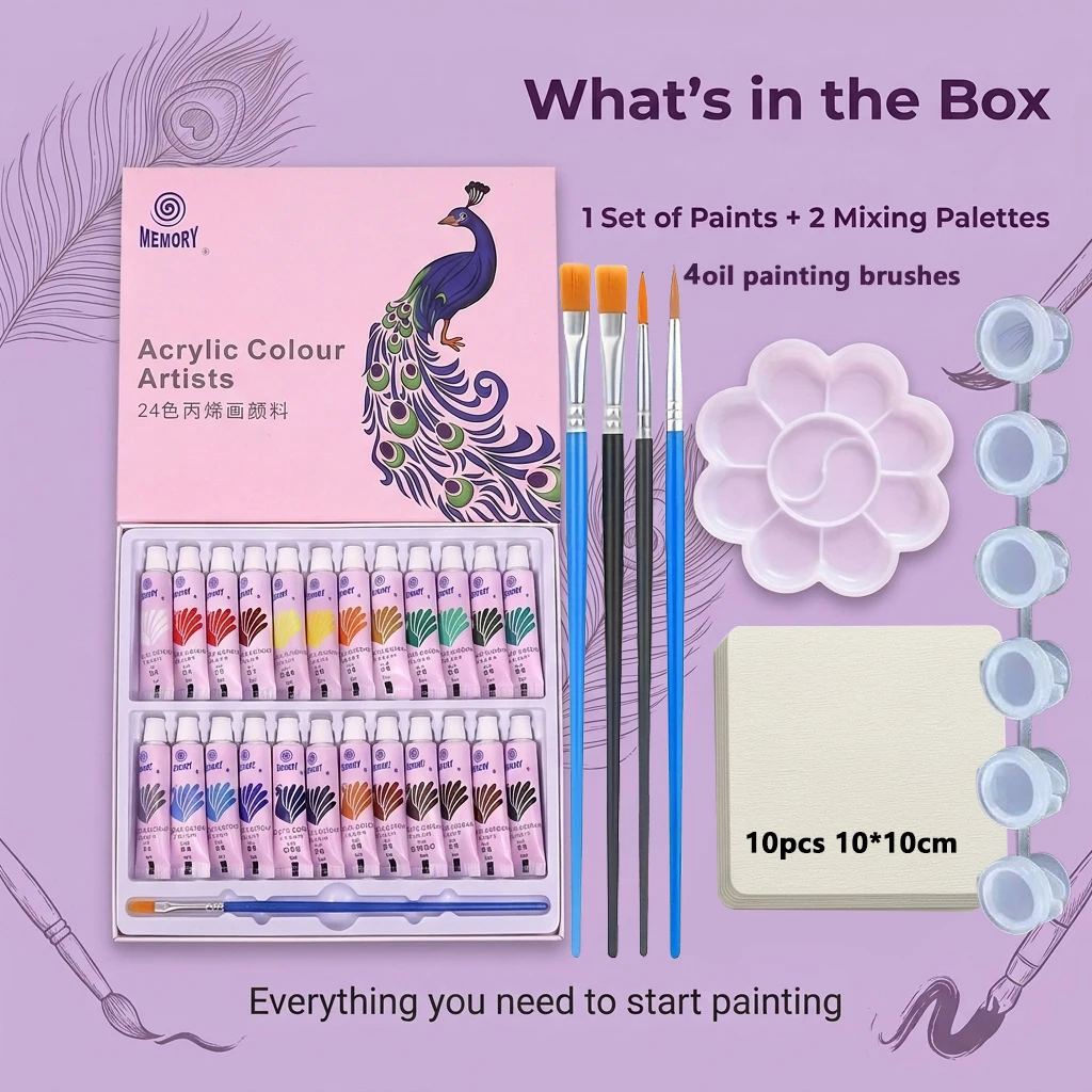 12/24 colors 5ml acrylic painting paints + palette + paint box + 10 sheets of 10*10cm watercolor paper + 4 oil painting brushes.