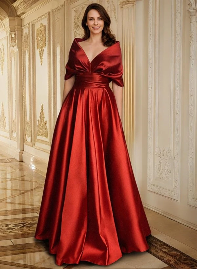 

A-Line V-Neck Off The Shoulder Satin Mother of The Bride Dress Ruffles Formal Long Evening Dress