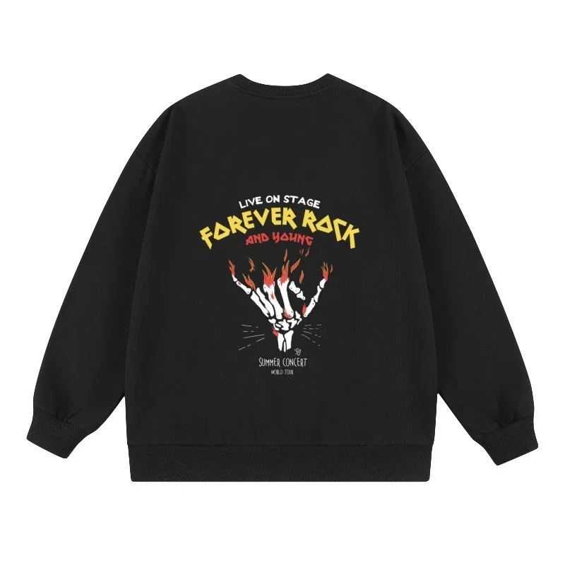 Spring Autumn Sweatshirt Forever Rock Hand Graphic Pullovers Trendy Streetwear Comfortable Loose Fit Fashion Casual  Sportswear