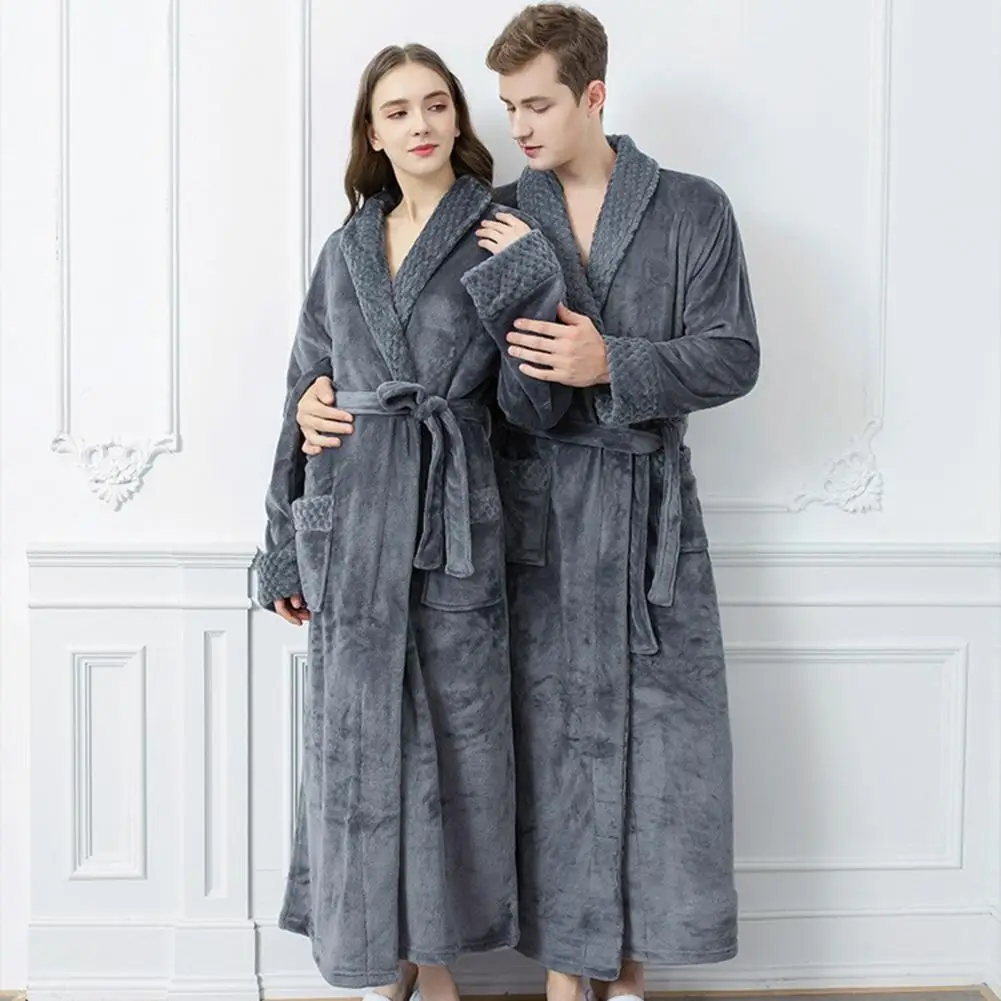 Couple Bathrobe Coral Fleece Open Stitch Solid Color Thicken Tight Waist Bathing Belt Unisex Pockets Winter Bathrobe for Bedroom