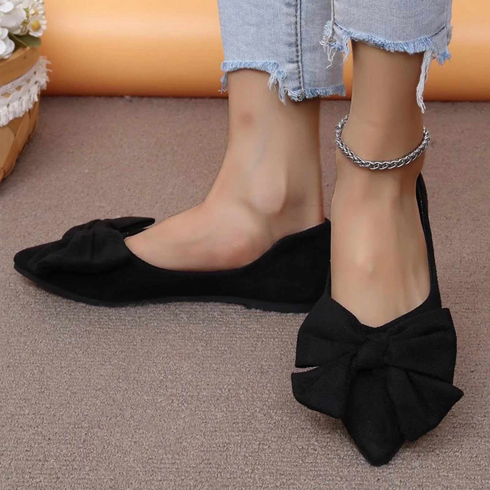 Women Flats Bow Pointed Toe Shoes Female Suede Walking Dress Shoes 2024 Spring Fashion Casual Sandals Shallow Zapatillas Mujer