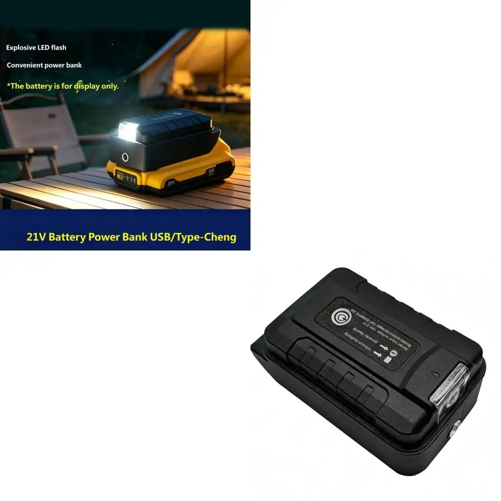 Battery Adapter with LED Work Light, 21V Input, 5V Output, Slide-On Battery Dock, and Button Control for Home Repairs and