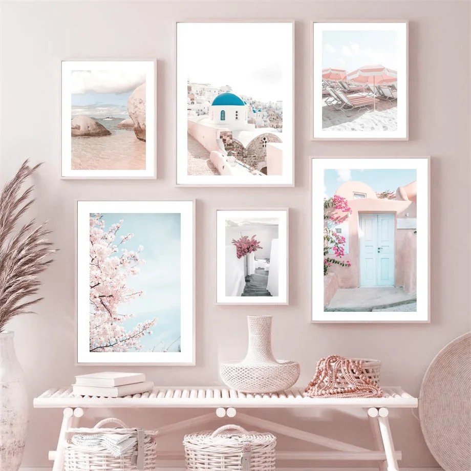 Aegean Pink Cherry Blossoms Sea Beach Wall Art Canvas Painting Nordic Posters And Prints Wall Picture For Living Room Home Decor